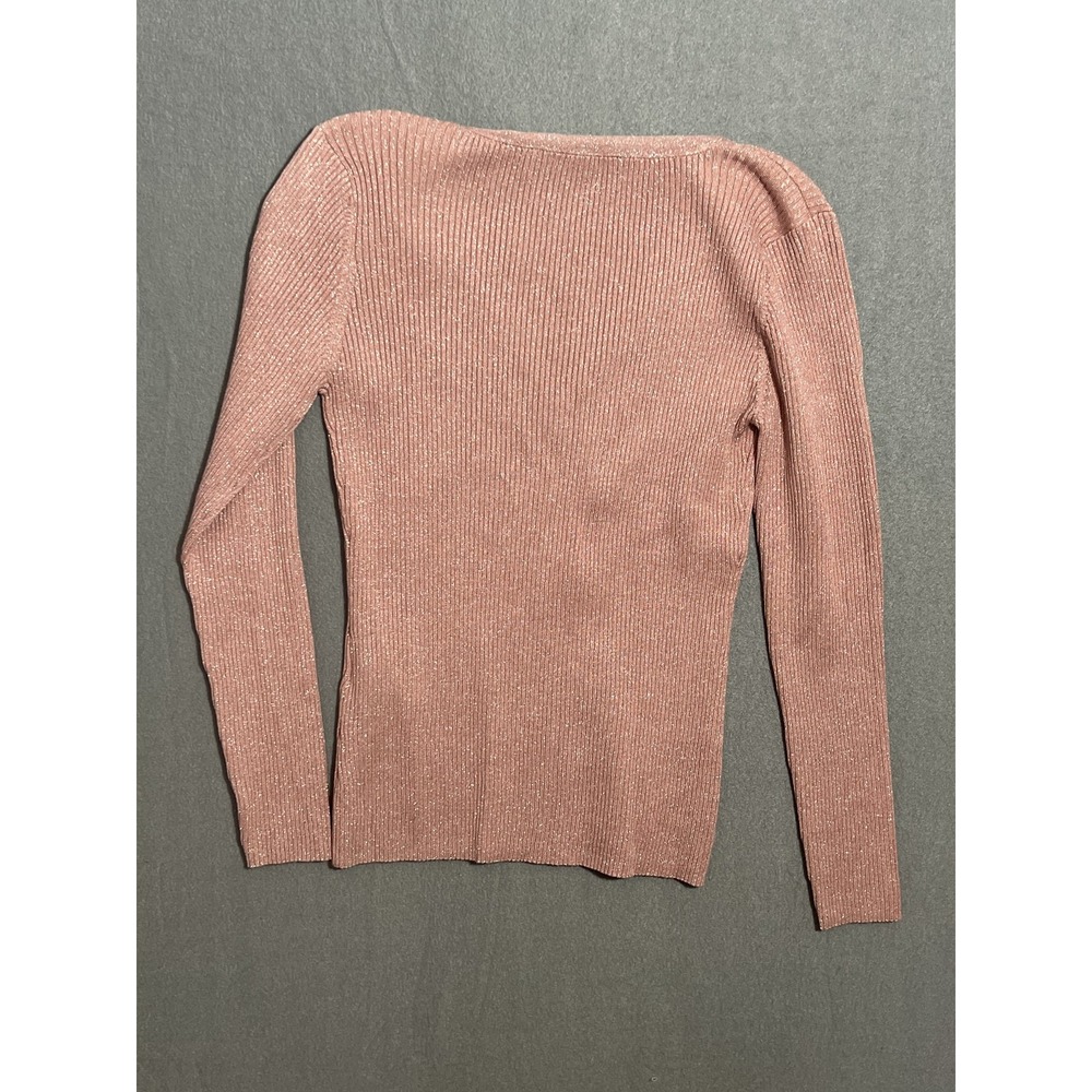 White House Black Market WHBM M Rose Gold Shimmer Ribbed Knit Henley Top Blouse - Picture 6 of 6